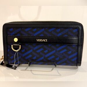 Versace La Greca Signature Long Zipped Black & Blue Coated Canvas Wallet NWT